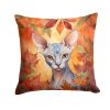 Sphynx Cat in Fall Leaves Throw Pillow Machine Washable, Indoor Outdoor Decorative Pillow for Couch, Bed or Patio, 14Hx14W