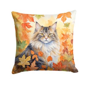 Norwegian Forest Cat in Fall Leaves Throw Pillow Machine Washable, Indoor Outdoor Decorative Pillow for Couch, Bed or Patio, 18Hx18W