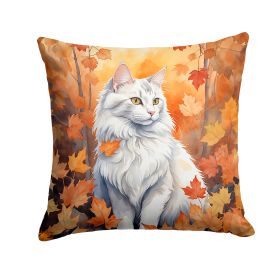 Turkish Angora Cat in Fall Leaves Throw Pillow Machine Washable, Indoor Outdoor Decorative Pillow for Couch, Bed or Patio, 14Hx14W