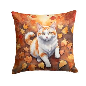 Turkish Van Cat in Fall Leaves Throw Pillow Machine Washable, Indoor Outdoor Decorative Pillow for Couch, Bed or Patio, 14Hx14W