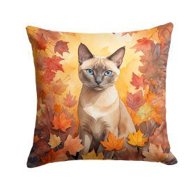 Tonkinese Cat in Fall Leaves Throw Pillow Machine Washable, Indoor Outdoor Decorative Pillow for Couch, Bed or Patio, 14Hx14W