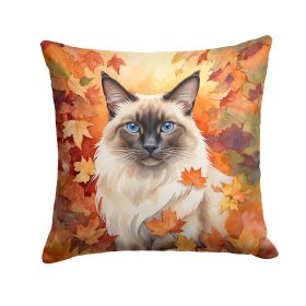 Balinese Cat in Fall Leaves Throw Pillow Machine Washable, Indoor Outdoor Decorative Pillow for Couch, Bed or Patio, 18Hx18W