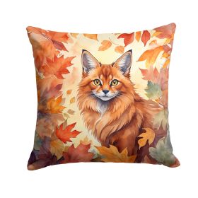 Somali Cat in Fall Leaves Throw Pillow Machine Washable, Indoor Outdoor Decorative Pillow for Couch, Bed or Patio, 18Hx18W