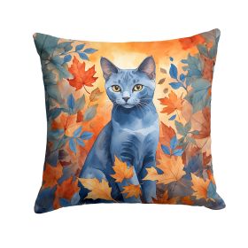 Russian Blue Cat in Fall Leaves Throw Pillow Machine Washable, Indoor Outdoor Decorative Pillow for Couch, Bed or Patio, 14Hx14W