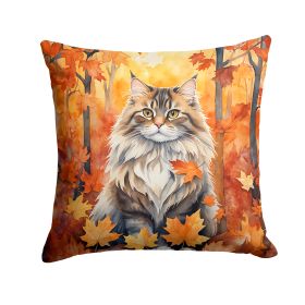 Siberian Cat in Fall Leaves Throw Pillow Machine Washable, Indoor Outdoor Decorative Pillow for Couch, Bed or Patio, 14Hx14W