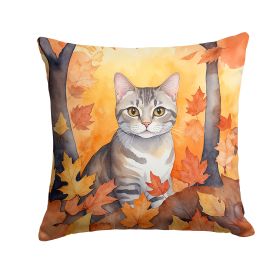 European Shorthair Cat in Fall Leaves Throw Pillow Machine Washable, Indoor Outdoor Decorative Pillow for Couch, Bed or Patio, 14Hx14W