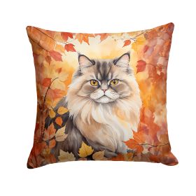 Persian Cat in Fall Leaves Throw Pillow Machine Washable, Indoor Outdoor Decorative Pillow for Couch, Bed or Patio, 14Hx14W