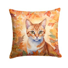 Arabian Mau Cat in Fall Leaves Throw Pillow Machine Washable, Indoor Outdoor Decorative Pillow for Couch, Bed or Patio, 14Hx14W