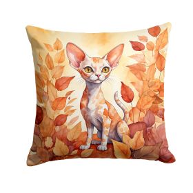 Devon Rex Cat in Fall Leaves Throw Pillow Machine Washable, Indoor Outdoor Decorative Pillow for Couch, Bed or Patio, 14Hx14W