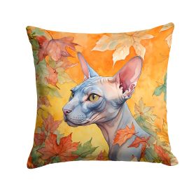 Donskoy Don Sphynx Cat in Fall Leaves Throw Pillow Machine Washable, Indoor Outdoor Decorative Pillow for Couch, Bed or Patio, 14Hx14W