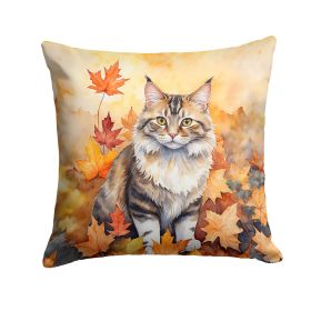 Kurilian Bobtail Cat in Fall Leaves Throw Pillow Machine Washable, Indoor Outdoor Decorative Pillow for Couch, Bed or Patio, 14Hx14W