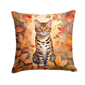 Bengal Cat in Fall Leaves Throw Pillow Machine Washable, Indoor Outdoor Decorative Pillow for Couch, Bed or Patio, 14Hx14W