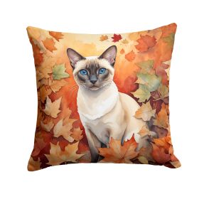 Colorpoint Shorthair Cat in Fall Leaves Throw Pillow Machine Washable, Indoor Outdoor Decorative Pillow for Couch, Bed or Patio, 14Hx14W