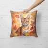 Chausie Cat in Fall Leaves Throw Pillow Machine Washable, Indoor Outdoor Decorative Pillow for Couch, Bed or Patio, 18Hx18W