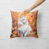 Turkish Angora Cat in Fall Leaves Throw Pillow Machine Washable, Indoor Outdoor Decorative Pillow for Couch, Bed or Patio, 18Hx18W