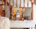 European Shorthair Cat in Fall Leaves Throw Pillow Machine Washable, Indoor Outdoor Decorative Pillow for Couch, Bed or Patio, 14Hx14W