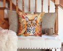 Safari Cat in Fall Leaves Throw Pillow Machine Washable, Indoor Outdoor Decorative Pillow for Couch, Bed or Patio, 14Hx14W