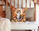 American Polydactyl Cat in Fall Leaves Throw Pillow Machine Washable, Indoor Outdoor Decorative Pillow for Couch, Bed or Patio, 14Hx14W