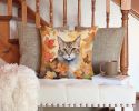 Dwelf Cat in Fall Leaves Throw Pillow Machine Washable, Indoor Outdoor Decorative Pillow for Couch, Bed or Patio, 14Hx14W