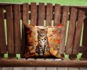 Bengal Cat in Fall Leaves Throw Pillow Machine Washable, Indoor Outdoor Decorative Pillow for Couch, Bed or Patio, 14Hx14W