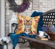 Savannah Cat in Fall Leaves Throw Pillow Machine Washable, Indoor Outdoor Decorative Pillow for Couch, Bed or Patio, 18Hx18W