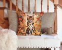 Bengal Cat in Fall Leaves Throw Pillow Machine Washable, Indoor Outdoor Decorative Pillow for Couch, Bed or Patio, 14Hx14W