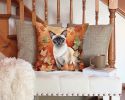 Colorpoint Shorthair Cat in Fall Leaves Throw Pillow Machine Washable, Indoor Outdoor Decorative Pillow for Couch, Bed or Patio, 14Hx14W