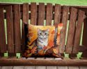 European Shorthair Cat in Fall Leaves Throw Pillow Machine Washable, Indoor Outdoor Decorative Pillow for Couch, Bed or Patio, 14Hx14W