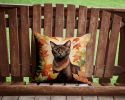 Havana Brown Cat in Fall Leaves Throw Pillow Machine Washable, Indoor Outdoor Decorative Pillow for Couch, Bed or Patio, 14Hx14W