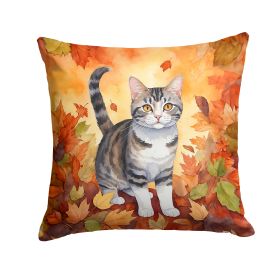 American Wirehair Cat in Fall Leaves Throw Pillow Machine Washable, Indoor Outdoor Decorative Pillow for Couch, Bed or Patio, 14Hx14W (Default: Default)