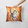 American Wirehair Cat in Fall Leaves Throw Pillow Machine Washable, Indoor Outdoor Decorative Pillow for Couch, Bed or Patio, 18Hx18W